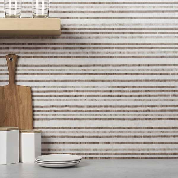 Madras Lines Storm - Thassos, Athens Gray, & Temple Gray; in White, Beige Thassos + Athens Gray + Temple Gray; for Backsplash, Bathroom Floor, Bathroom Wall, Commercial Floor, Floor Tile, Kitchen Floor, Kitchen Wall, Outdoor Floor, Outdoor Wall, Shower Floor, Shower Wall, Wall Tile; in Style Ideas Beach, Contemporary, Mediterranean, Mid Century, Transitional, Whimsical