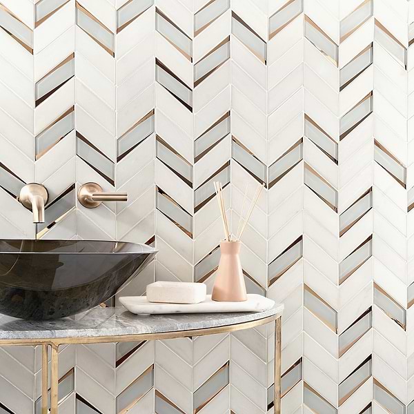 Giazza Golden - Royal White and Glass; in White, Gold and Mirror Glass + Marble; for Backsplash, Bathroom Wall, Kitchen Wall, Wall Tile; in Style Ideas Art Deco, Mid Century, Modern