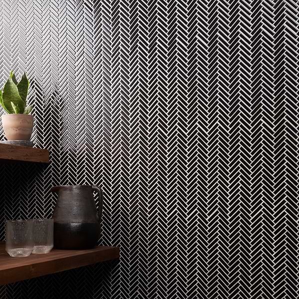 Motek Black Glossy Herringbone; in Black Porcelain; for Backsplash, Bathroom Wall, Kitchen Wall, Outdoor Wall, Pool Tile, Shower Wall, Wall Tile; in Style Ideas Contemporary, Craftsman, Modern, Traditional