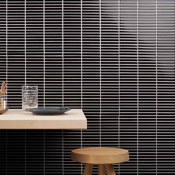 Motek Black Glossy Tri Stacked; in Black Porcelain; for Backsplash, Bathroom Wall, Kitchen Wall, Outdoor Wall, Pool Tile, Shower Wall, Wall Tile; in Style Ideas Contemporary, Craftsman, Modern, Traditional