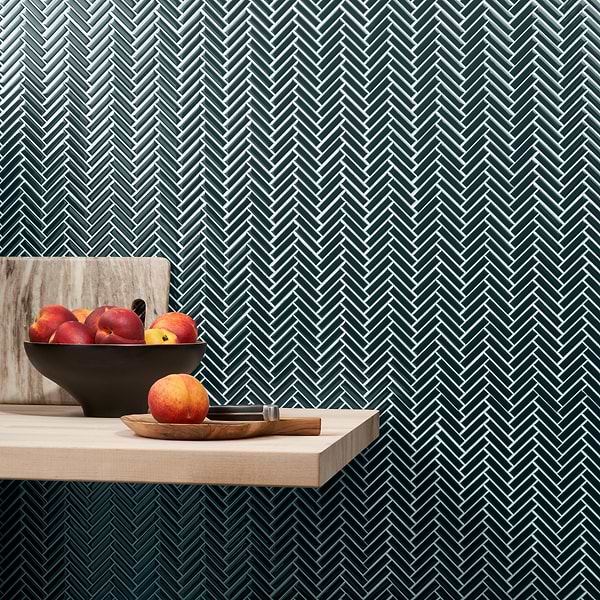 Motek Emerald Green Glossy Herringbone; in Dark Green Porcelain; for Backsplash, Bathroom Wall, Kitchen Wall, Outdoor Wall, Pool Tile, Shower Wall, Wall Tile; in Style Ideas Contemporary, Craftsman, Modern, Traditional