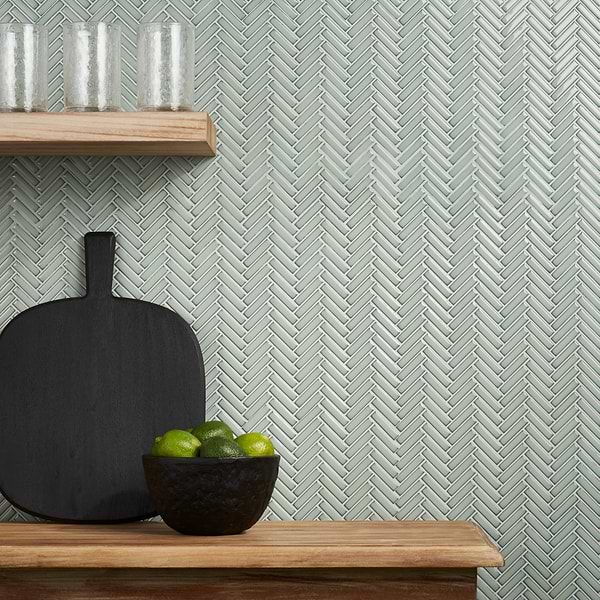 Motek Mint Green Glossy Herringbone; in Light Green Porcelain; for Backsplash, Bathroom Wall, Kitchen Wall, Outdoor Wall, Pool Tile, Shower Wall, Wall Tile; in Style Ideas Contemporary, Craftsman, Modern, Traditional