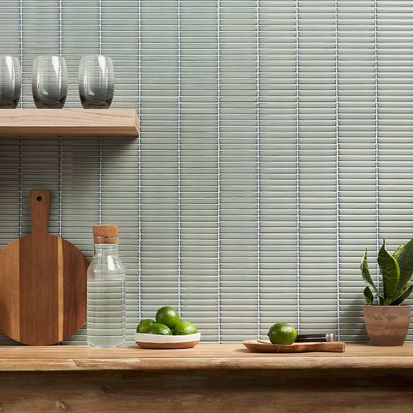 Motek Mint Green Glossy Tri Stacked; in Light Green Porcelain; for Backsplash, Bathroom Wall, Kitchen Wall, Outdoor Wall, Pool Tile, Shower Wall, Wall Tile; in Style Ideas Contemporary, Craftsman, Modern, Traditional