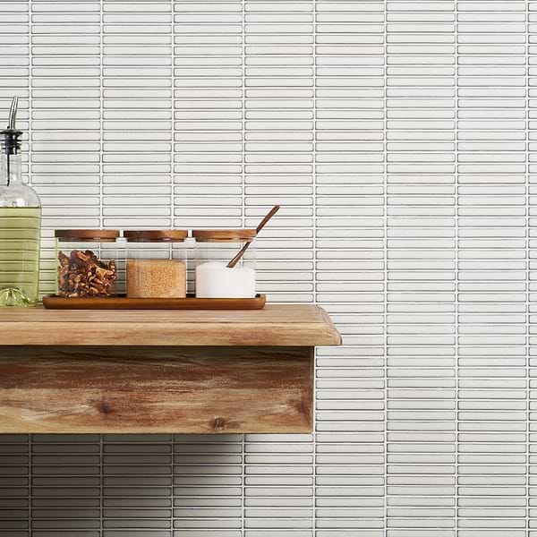 Motek Snow White Glossy Tri Stacked; in White Porcelain; for Backsplash, Bathroom Wall, Kitchen Wall, Outdoor Wall, Pool Tile, Shower Wall, Wall Tile; in Style Ideas Contemporary, Craftsman, Modern, Traditional
