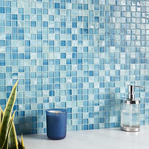 Kalama Sea 1x1; in Teal Glass; for Backsplash, Bathroom Wall, Kitchen Wall, Outdoor Wall, Pool Tile, Shower Wall, Wall Tile; in Style Ideas Beach, Classic, Contemporary, Mediterranean, Traditional, Transitional, Tropical, Whimsical
