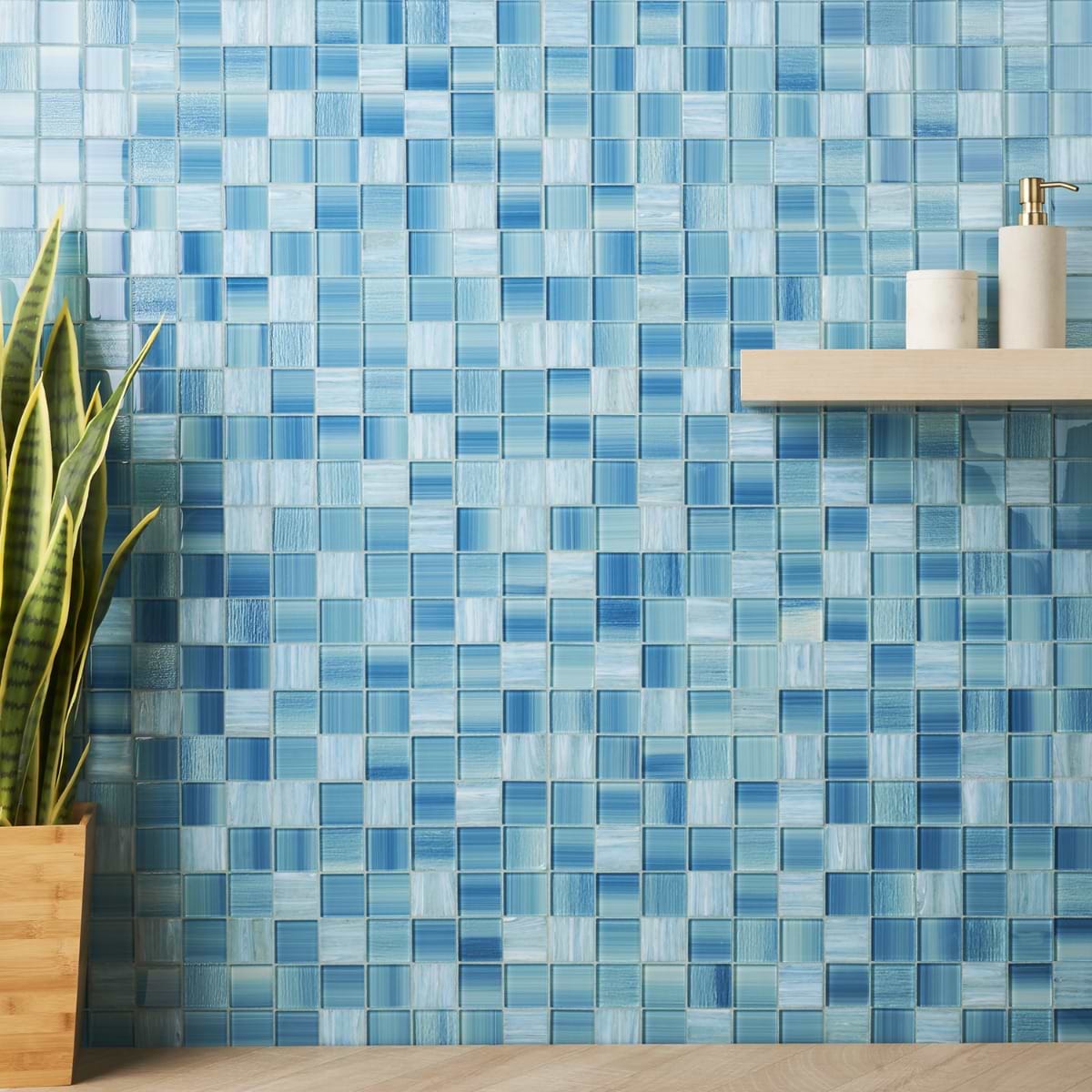 Kalama Sea 2x2; in Teal Glass; for Backsplash, Bathroom Wall, Kitchen Wall, Outdoor Wall, Pool Tile, Shower Wall, Wall Tile; in Style Ideas Beach, Classic, Contemporary, Mediterranean, Traditional, Transitional, Tropical, Whimsical