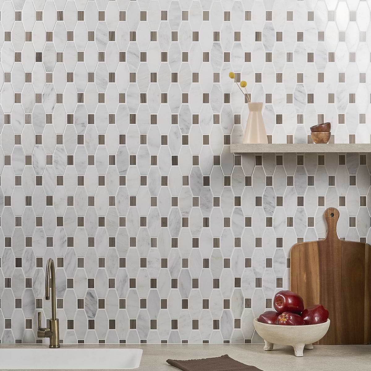 Long Octagon Pattern Asian Statuary & Athens Gray Dot; in White/Gray & Brown Athens Gray + Asian Statuary; for Backsplash, Bathroom Floor, Bathroom Wall, Commercial Floor, Floor Tile, Kitchen Floor, Kitchen Wall, Outdoor Wall, Shower Wall, Wall Tile; in Style Ideas Contemporary, Farmhouse, Traditional