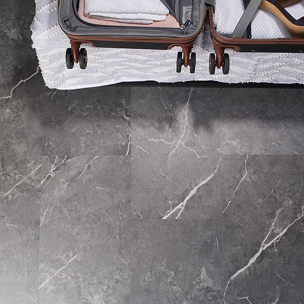 Crosby Chauny Marble Dark Gray 12x24 - 5.0mm/28mil Wear Layer - Rigid Click; in Dark Gray Luxury Vinyl; for Bathroom Floor, Commercial Floor, Floor Tile, Kitchen Floor; in Style Ideas Modern, Traditional