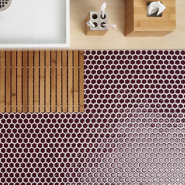 Simple 2.0 Rimmed Plum 1" Hexagon Polished Porcelain Mosaic; in Purple Porcelain; for Backsplash, Bathroom Floor, Bathroom Wall, Commercial Floor, Floor Tile, Kitchen Floor, Kitchen Wall, Outdoor Wall, Shower Floor, Shower Wall, Wall Tile; in Style Ideas Beach, Classic, Contemporary, Cottage, Mediterranean, Mid Century, Transitional, Tropical, Whimsical