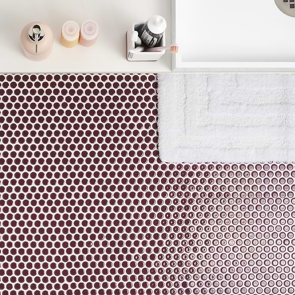 Simple 2.0 Rimmed Plum Penny Rounds Rimmed Porcelain Mosaic; in Purple Porcelain; for Backsplash, Bathroom Floor, Bathroom Wall, Commercial Floor, Floor Tile, Kitchen Floor, Kitchen Wall, Outdoor Wall, Shower Floor, Shower Wall, Wall Tile; in Style Ideas Beach, Classic, Contemporary, Cottage, Mediterranean, Mid Century, Transitional, Tropical, Whimsical
