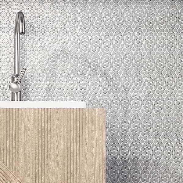 Simple 2.0 Rimmed Sage Penny Rounds Polished Porcelain Mosaic; in Gray Porcelain; for Backsplash, Bathroom Floor, Bathroom Wall, Commercial Floor, Floor Tile, Kitchen Floor, Kitchen Wall, Outdoor Wall, Shower Floor, Shower Wall, Wall Tile; in Style Ideas Classic, Contemporary, Mid Century