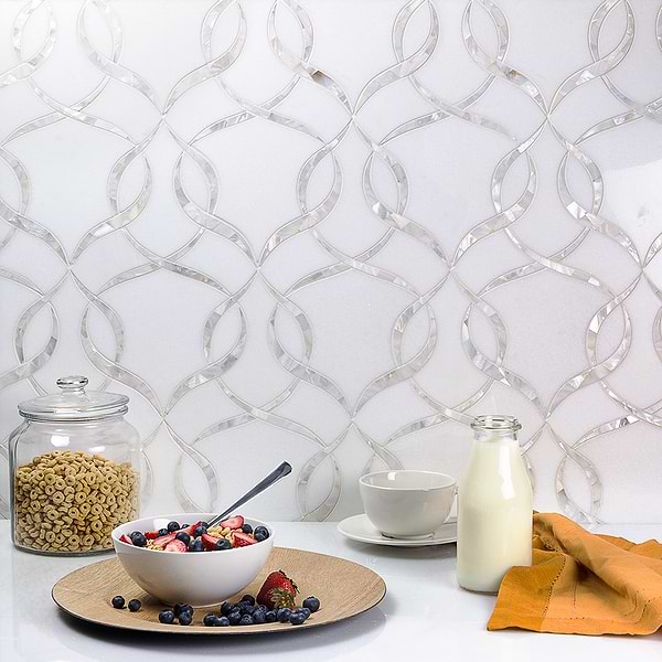 MJ Cordelia - White Thassos & Mother of Pearl; in White Thassos; for Backsplash, Bathroom Wall, Kitchen Wall, Shower Wall, Wall Tile; in Style Ideas Mid Century, Transitional