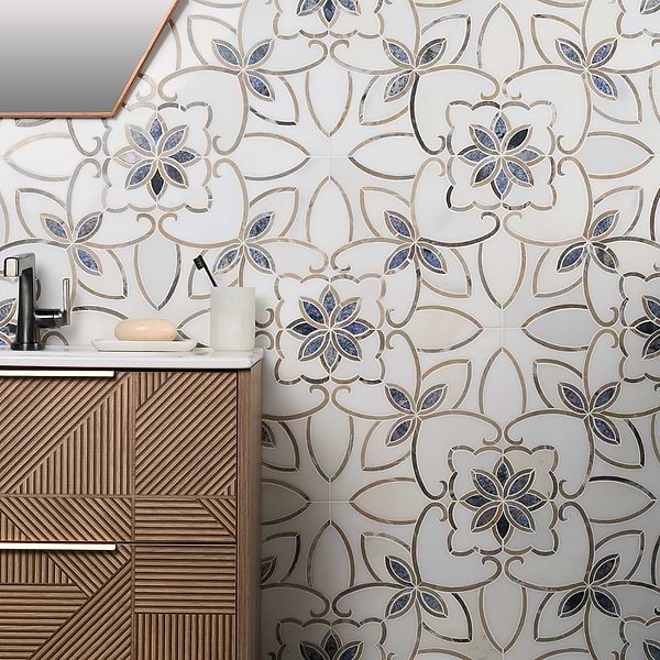 MJ Grace Cersei - China White, Gray & Diamond Blue; in White + Gray + Blue Arctic Star Gray, Royal White, and Blue Diamond; for Backsplash, Bathroom Floor, Bathroom Wall, Commercial Floor, Floor Tile, Kitchen Floor, Kitchen Wall, Outdoor Wall, Shower Floor, Shower Wall, Wall Tile; in Style Ideas Classic, Craftsman, Mid Century, Traditional, Transitional, Whimsical