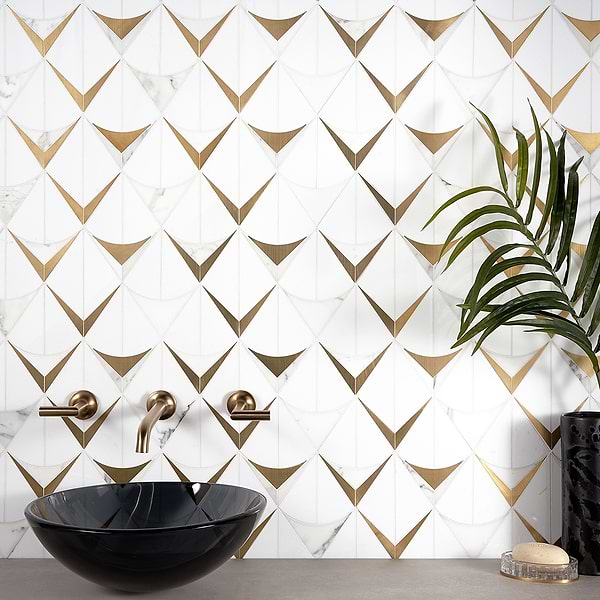 MJ Monte Carlo Bianco; in White, Gold and Gray Nanoglass + Calacatta + Brass; for Backsplash, Bathroom Wall, Kitchen Wall, Wall Tile; in Style Ideas Art Deco, Classic, Contemporary, Craftsman, Mid Century, Modern, Traditional, Transitional