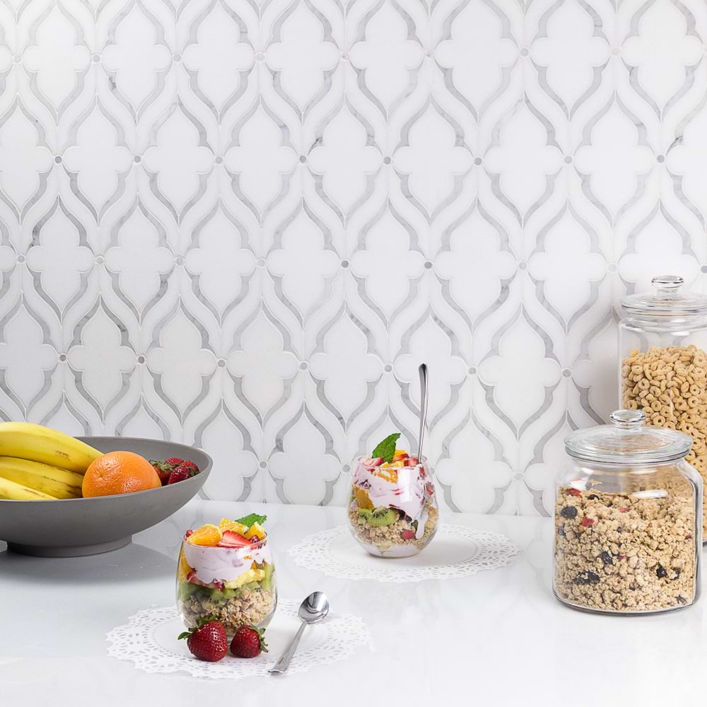 MJ Viola  - White Thassos with White Carrara Lines; in White + Gray Carrara & Thassos; for Backsplash, Bathroom Floor, Bathroom Wall, Commercial Floor, Floor Tile, Kitchen Floor, Kitchen Wall, Outdoor Wall, Shower Floor, Shower Wall, Wall Tile; in Style Ideas Mid Century, Transitional