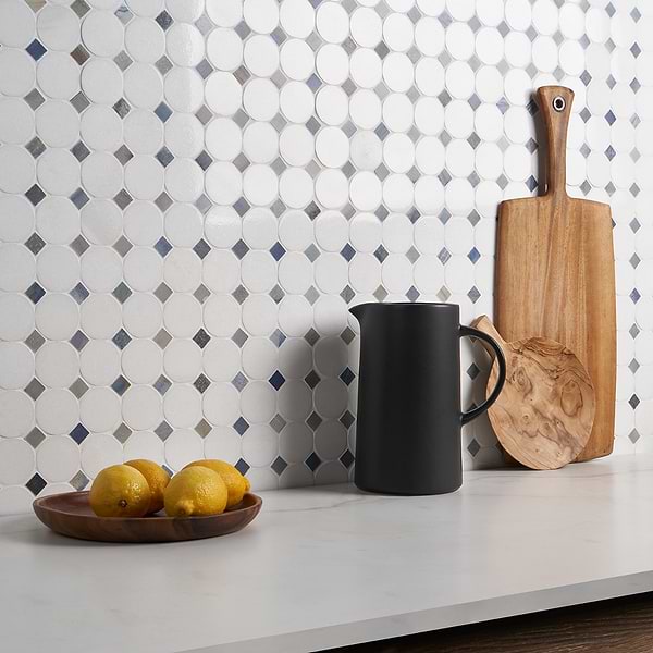 Marble Motion Circles Galaxy; in White, Blue White Thassos Marble + Blue Macauba Marble; for Backsplash, Bathroom Floor, Bathroom Wall, Commercial Floor, Floor Tile, Kitchen Floor, Kitchen Wall, Outdoor Wall, Shower Wall, Wall Tile; in Style Ideas Craftsman, Whimsical