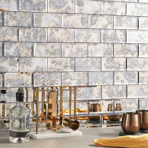 Old World Antique Mirror Argenta 3x6 Beveled; in Silver Glass; for Backsplash, Bathroom Wall, Kitchen Wall, Wall Tile; in Style Ideas Art Deco, Contemporary, Cottage, Craftsman, Farmhouse, Industrial, Mid Century, Whimsical