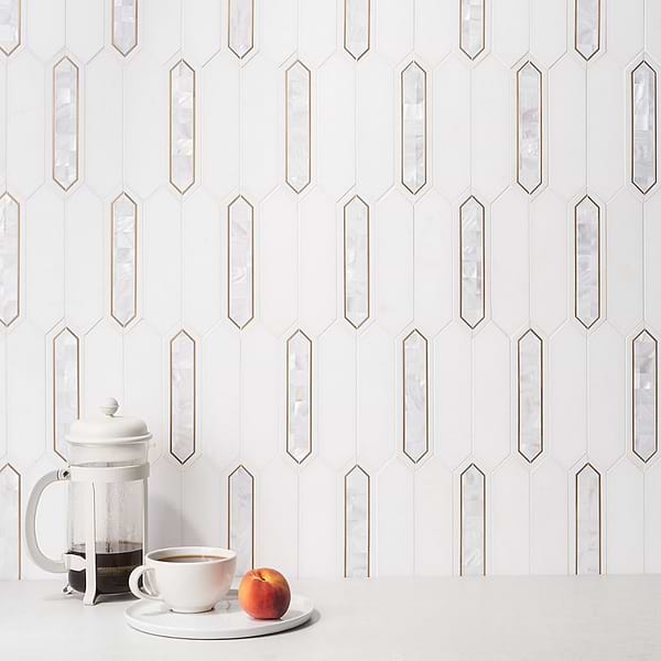 Madelyn White Pearl - White Thassos, White Pearl & Brass; in White and Gold Marble + Pearl + Brass; for Backsplash, Bathroom Wall, Kitchen Wall, Wall Tile; in Style Ideas Art Deco, Contemporary, Modern, Transitional