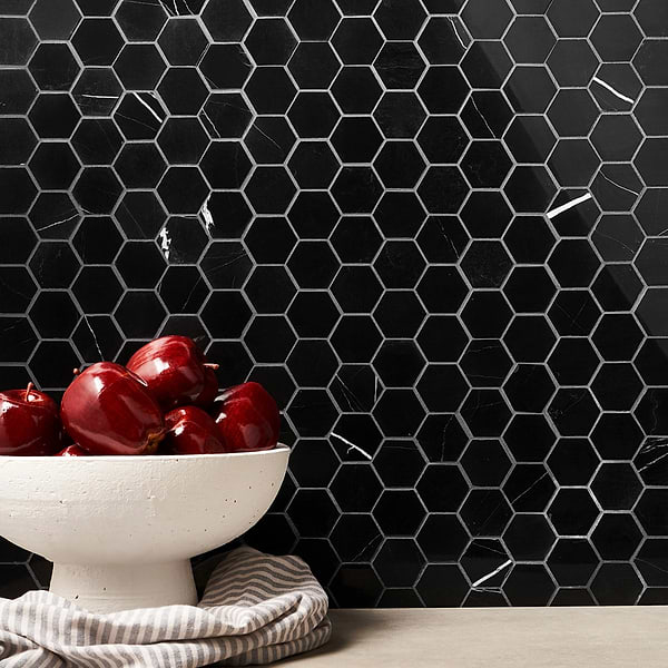 Nero Marquina 2" Hexagon Polished; in Black Nero Marquina; for Backsplash, Bathroom Floor, Bathroom Wall, Commercial Floor, Floor Tile, Kitchen Floor, Kitchen Wall, Outdoor Floor, Outdoor Wall, Shower Floor, Shower Wall, Wall Tile; in Style Ideas Art Deco, Classic, Contemporary, Craftsman, Industrial, Mid Century, Modern, Transitional