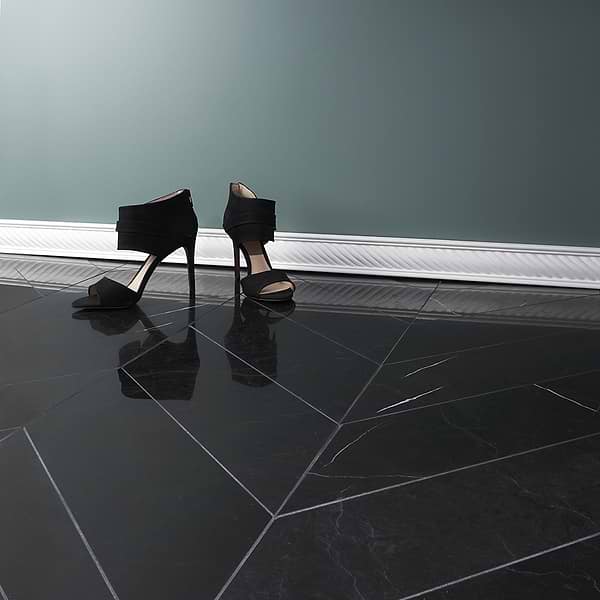 Nero Marquina 6x24 Chevron Polished; in Black Nero Marquina; for Backsplash, Bathroom Floor, Bathroom Wall, Commercial Floor, Floor Tile, Kitchen Floor, Kitchen Wall, Outdoor Floor, Outdoor Wall, Shower Floor, Shower Wall, Wall Tile; in Style Ideas Modern