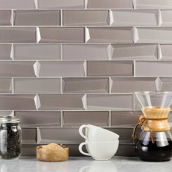 NewBev Bricks Sepia; in Gray Glass; for Backsplash, Bathroom Wall, Kitchen Wall, Shower Wall, Wall Tile; in Style Ideas Art Deco, Beach