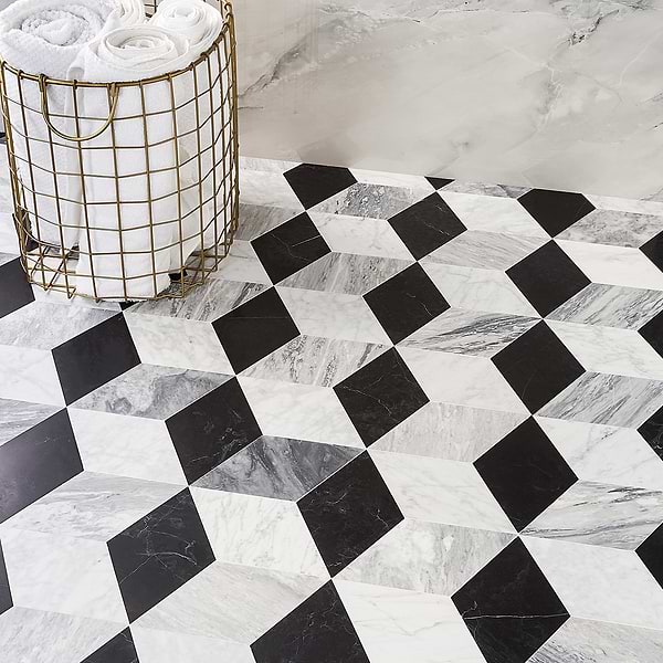 Pari Grigio - Nero Carrara and Bardiglio Honed; in Black + White + Gray Nero + Carrara + Bardiglio; for Backsplash, Bathroom Floor, Bathroom Wall, Commercial Floor, Floor Tile, Kitchen Floor, Kitchen Wall, Outdoor Wall, Shower Wall, Wall Tile; in Style Ideas Art Deco, Classic, Contemporary