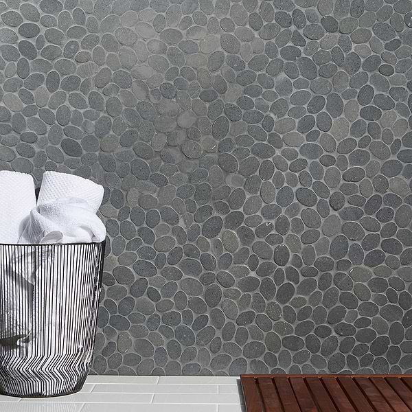 Pebblestone Black Lava Sliced Round Natural Stone; in Black + Gray Natural Stone; for Backsplash, Bathroom Floor, Bathroom Wall, Commercial Floor, Floor Tile, Kitchen Floor, Kitchen Wall, Outdoor Floor, Outdoor Wall, Shower Floor, Shower Wall, Wall Tile; in Style Ideas Beach, Contemporary