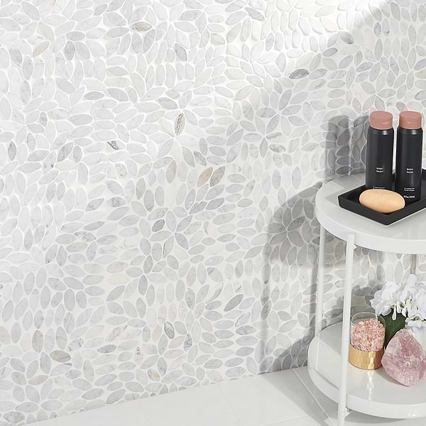 Pebblestone Carrara Flower Natural Stone; in White Marble; for Backsplash, Bathroom Floor, Bathroom Wall, Commercial Floor, Floor Tile, Kitchen Floor, Kitchen Wall, Outdoor Floor, Outdoor Wall, Shower Floor, Shower Wall, Wall Tile; in Style Ideas Contemporary, Traditional, Transitional, Tropical, Whimsical
