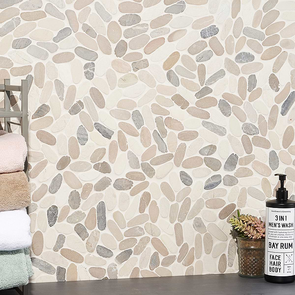 Pebblestone Lombok Sliced Flat Oval Natural Stone; in Beige + Gray Natural Stone; for Backsplash, Bathroom Floor, Bathroom Wall, Commercial Floor, Floor Tile, Kitchen Floor, Kitchen Wall, Outdoor Floor, Outdoor Wall, Shower Floor, Shower Wall, Wall Tile; in Style Ideas Beach, Contemporary