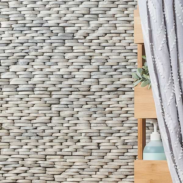 Pebblestone Prambanan Grey Stacked Sliced Natural Stone (.30 sq.ft.); in Beige + Gray Natural Stone; for Backsplash, Bathroom Wall, Kitchen Wall, Outdoor Wall, Wall Tile; in Style Ideas Beach, Contemporary