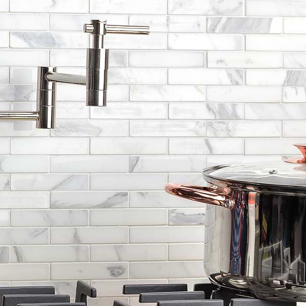 Calacatta 1x4 Piano Brick; in White w/ Gray & Gold Veins Calacatta; for Backsplash, Bathroom Floor, Bathroom Wall, Commercial Floor, Floor Tile, Kitchen Floor, Kitchen Wall, Outdoor Wall, Shower Floor, Shower Wall, Wall Tile; in Style Ideas Classic, Contemporary, Craftsman, Modern, Traditional, Transitional