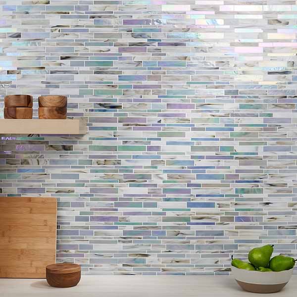 Stained Glass Freeform Pretty In Pink; in Iridescent Shades of Blue + Pink, White + Hint of Gray Stained Glass; for Backsplash, Bathroom Wall, Kitchen Wall, Outdoor Wall, Pool Tile, Shower Wall, Wall Tile; in Style Ideas Beach, Classic, Contemporary, Tropical