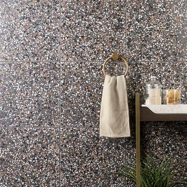 Marmi Terrazzo Paradiso 16x16 Polished; in Gray, White, Black, Brown Cement Base with Stone Chips (Terrazzo); for Backsplash, Bathroom Floor, Bathroom Wall, Commercial Floor, Floor Tile, Kitchen Floor, Kitchen Wall, Outdoor Floor, Outdoor Wall, Shower Floor, Shower Wall, Wall Tile; in Style Ideas Classic, Contemporary, Industrial, Mid Century, Modern, Transitional