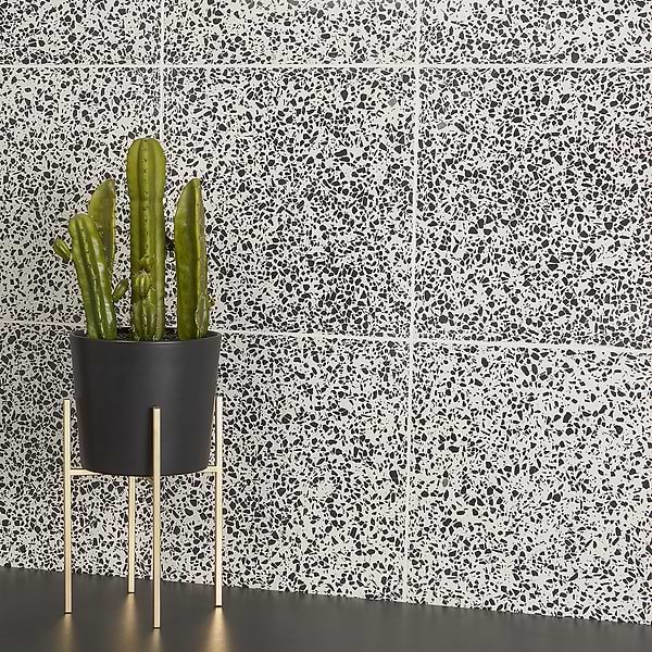 Close Out - Marmi Terrazzo Tinos Black and White 16x16 Polished Terrazzo Tile; in Black + White Cement Base with Stone Chips (Terrazzo); for Backsplash, Bathroom Floor, Bathroom Wall, Commercial Floor, Floor Tile, Kitchen Floor, Kitchen Wall, Outdoor Floor, Outdoor Wall, Shower Floor, Shower Wall, Wall Tile; in Style Ideas Classic, Craftsman, Industrial, Mid Century, Modern, Rustic