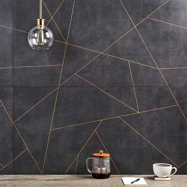Artscape Ardesia & Gold Line 24x48; in Charcoal with Gold 3rd Fired Porcelain; for Backsplash, Bathroom Wall, Kitchen Wall, Shower Wall, Wall Tile; in Style Ideas Art Deco, Beach, Tropical, Whimsical