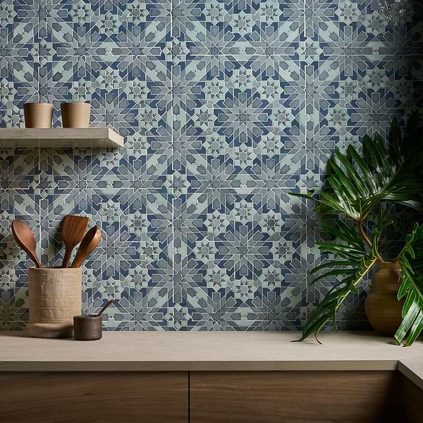 Alpana Taza Ocean; in Teal, Green, Blue Cement and Lava Stone; for Backsplash, Bathroom Floor, Bathroom Wall, Commercial Floor, Floor Tile, Kitchen Floor, Kitchen Wall, Outdoor Floor, Outdoor Wall, Shower Floor, Shower Wall, Wall Tile; in Style Ideas Contemporary, Cottage, Mediterranean, Mid Century, Modern, Transitional