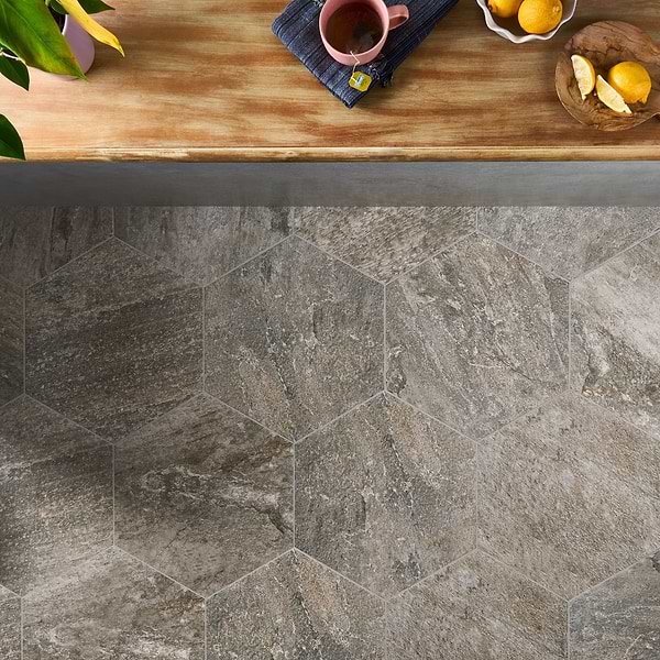 Oberon Storm Gray Porcelain 20” Hexagon; in Porcelain; for Backsplash, Bathroom Floor, Bathroom Wall, Commercial Floor, Floor Tile, Kitchen Floor, Kitchen Wall, Outdoor Floor, Outdoor Wall, Pool Tile, Shower Floor, Shower Wall, Wall Tile; in Style Ideas Farmhouse, Mid Century, Rustic, Traditional, Transitional