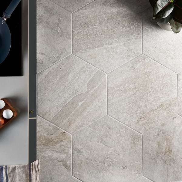 Oberon Smoke White Porcelain 20” Hexagon; in Porcelain; for Backsplash, Bathroom Floor, Bathroom Wall, Commercial Floor, Floor Tile, Kitchen Floor, Kitchen Wall, Outdoor Floor, Outdoor Wall, Pool Tile, Shower Floor, Shower Wall, Wall Tile; in Style Ideas Farmhouse, Mid Century, Rustic, Traditional, Transitional