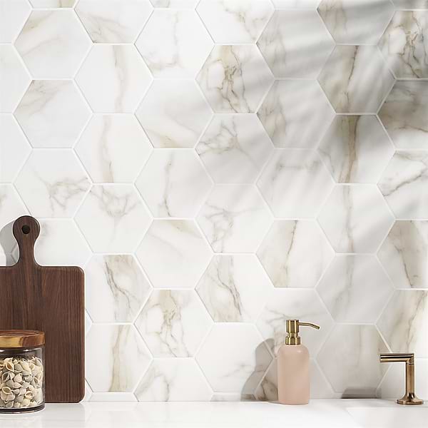 Ducale Calacatta 6” Hexagon Matte; in White with Gold Veining Porcelain; for Backsplash, Bathroom Wall, Kitchen Wall, Outdoor Wall, Pool Tile, Shower Wall, Wall Tile; in Style Ideas Classic, Contemporary, Craftsman, Farmhouse, Mid Century, Modern, Traditional, Transitional