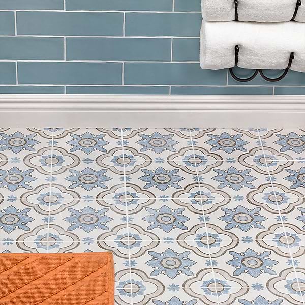 Decor Basma White 8x8; in Gray + White + Blue Porcelain; for Backsplash, Bathroom Floor, Bathroom Wall, Commercial Floor, Floor Tile, Kitchen Floor, Kitchen Wall, Outdoor Floor, Outdoor Wall, Shower Floor, Shower Wall, Wall Tile; in Style Ideas Farmhouse, Mid Century