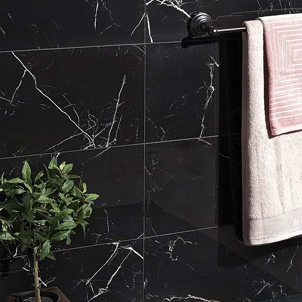 Marmi D'Italia Port Laurent 12x24 Polished; in Black + White Veining Porcelain; for Backsplash, Bathroom Floor, Bathroom Wall, Commercial Floor, Floor Tile, Kitchen Floor, Kitchen Wall, Outdoor Floor, Outdoor Wall, Pool Tile, Shower Floor, Shower Wall, Wall Tile; in Style Ideas Classic, Contemporary, Craftsman, Modern, Transitional