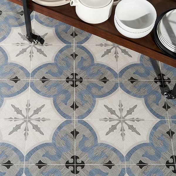 Agoura Briar Blue 8x8; in Blue + Gray + Silver + Black Porcelain; for Backsplash, Bathroom Floor, Bathroom Wall, Commercial Floor, Floor Tile, Kitchen Floor, Kitchen Wall, Outdoor Wall, Shower Floor, Shower Wall, Wall Tile; in Style Ideas Cottage, Farmhouse