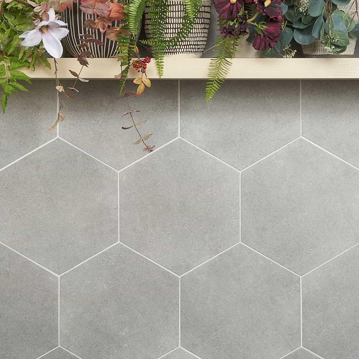 Piaka Cement Gray 12.5" Hex; in Gray Porcelain; for Backsplash, Bathroom Floor, Bathroom Wall, Commercial Floor, Floor Tile, Kitchen Floor, Kitchen Wall, Outdoor Floor, Outdoor Wall, Pool Tile, Shower Floor, Shower Wall, Wall Tile; in Style Ideas Contemporary, Craftsman, Industrial, Mid Century, Modern