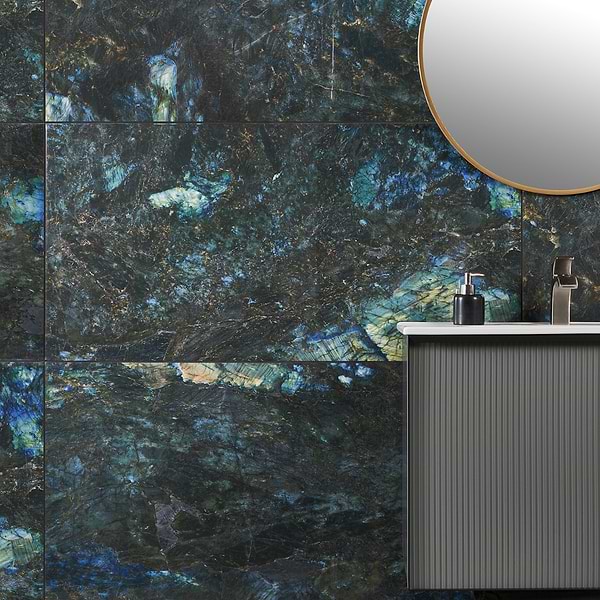 Onix Labradorite Blue 24x48; in Blue Porcelain; for Backsplash, Bathroom Floor, Bathroom Wall, Floor Tile, Kitchen Floor, Kitchen Wall, Outdoor Wall, Pool Tile, Shower Wall, Wall Tile; in Style Ideas Beach, Classic, Contemporary, Mediterranean, Modern, Transitional, Tropical