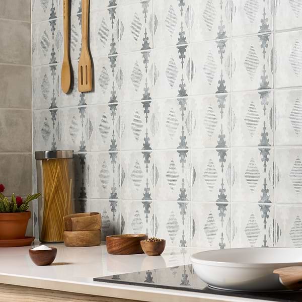Paula Purroy Como Aztec Blue Gray 5x5; in Blue Gray, White 2nd Fired White Body Ceramic; for Backsplash, Bathroom Wall, Kitchen Wall, Shower Wall, Wall Tile; in Style Ideas Contemporary, Cottage, Craftsman, Mediterranean, Mid Century, Rustic, Traditional, Transitional