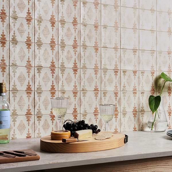 Paula Purroy Como Aztec Terracotta 5x5; in Terracotta, Beige, Cream 2nd Fired White Body Ceramic; for Backsplash, Bathroom Wall, Kitchen Wall, Shower Wall, Wall Tile; in Style Ideas Contemporary, Cottage, Craftsman, Mediterranean, Mid Century, Rustic, Traditional, Transitional