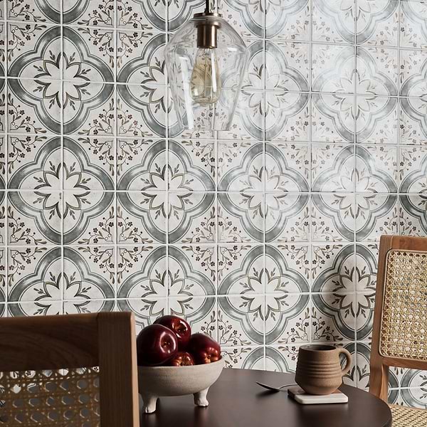 Paula Purroy Como Blossom 5x5; in Gray, Blue, Brown, Gold 3rd Fired White Body Ceramic; for Backsplash, Bathroom Wall, Kitchen Wall, Wall Tile; in Style Ideas Contemporary, Cottage, Craftsman, Mediterranean, Mid Century, Rustic, Traditional, Transitional