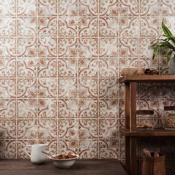 Paula Purroy Como Vila 5x5; in Terracotta, Gold, White 2nd Fired White Body Ceramic; for Backsplash, Bathroom Wall, Kitchen Wall, Shower Wall, Wall Tile; in Style Ideas Contemporary, Cottage, Craftsman, Mediterranean, Mid Century, Rustic, Traditional, Transitional