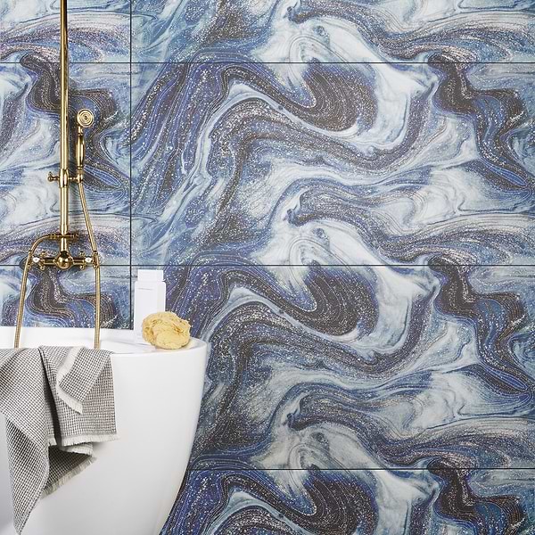 Galaxy Deco Blue 24x48; in Blue + Gold + White + Black Porcelain; for Backsplash, Bathroom Wall, Kitchen Wall, Outdoor Wall, Shower Wall, Wall Tile; in Style Ideas Mid Century, Whimsical