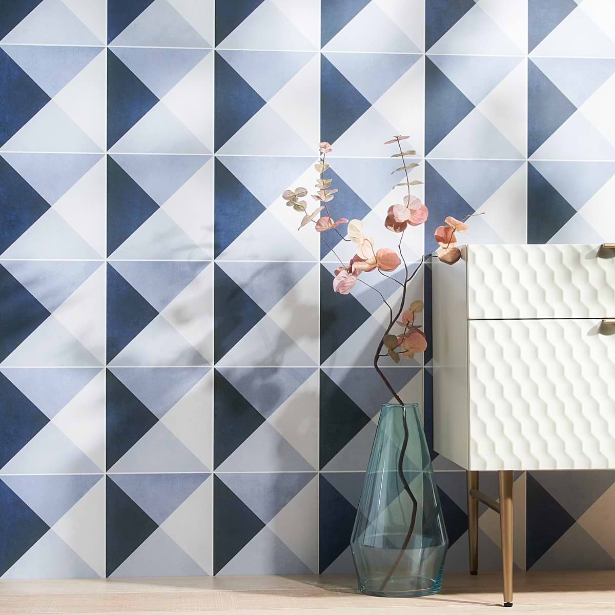 GeoPrism Cement Deco Blue 8x8 by Elizabeth Sutton; in Blue Porcelain; for Backsplash, Bathroom Floor, Bathroom Wall, Commercial Floor, Floor Tile, Kitchen Floor, Kitchen Wall, Outdoor Floor, Outdoor Wall, Shower Floor, Shower Wall, Wall Tile; in Style Ideas Art Deco, Contemporary, Mid Century, Modern, Transitional, Whimsical